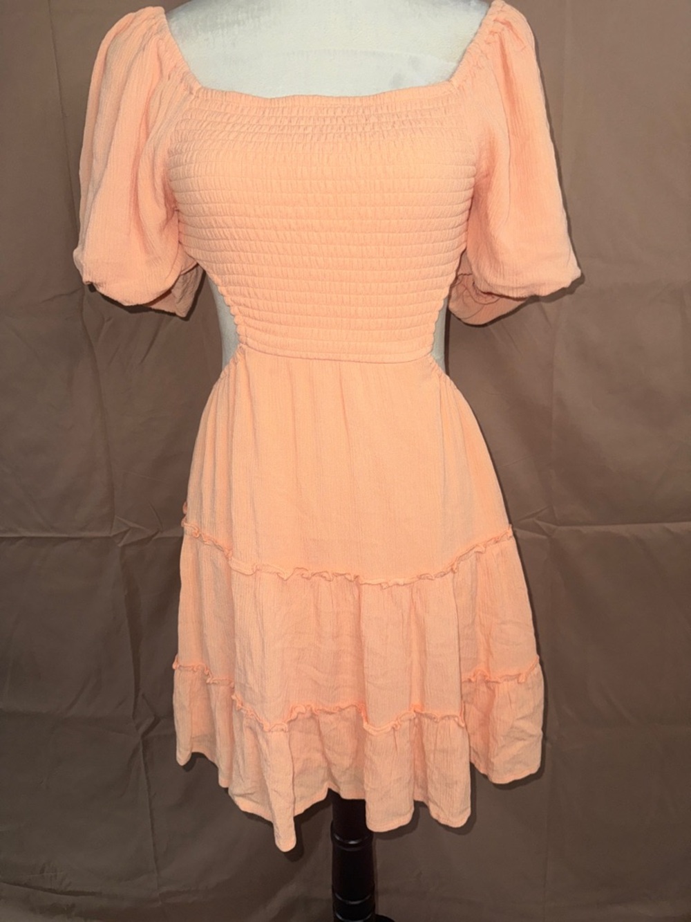 Smocked Square-Neck Mini Dress in Peach Medium